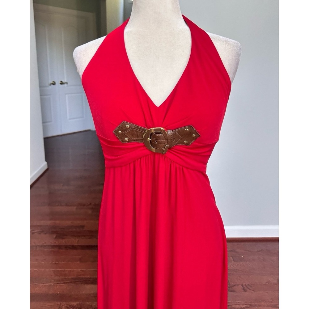 Vintage Cache Red Brown Silver Halter Neck Plunge Sexy Cocktail Dress Large - Picture 7 of 12